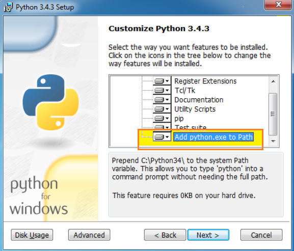 Showing 'Add Python.exe to path' as checked