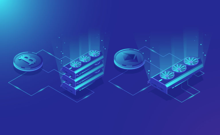 Cryptocurrency mining equipment, isometric ethereum digital currency extract, blockchain system dark blue vector illustration