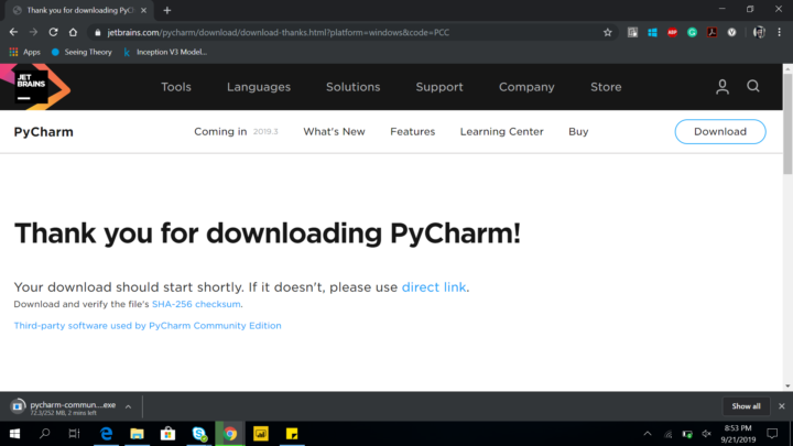 PyCharm download initiation