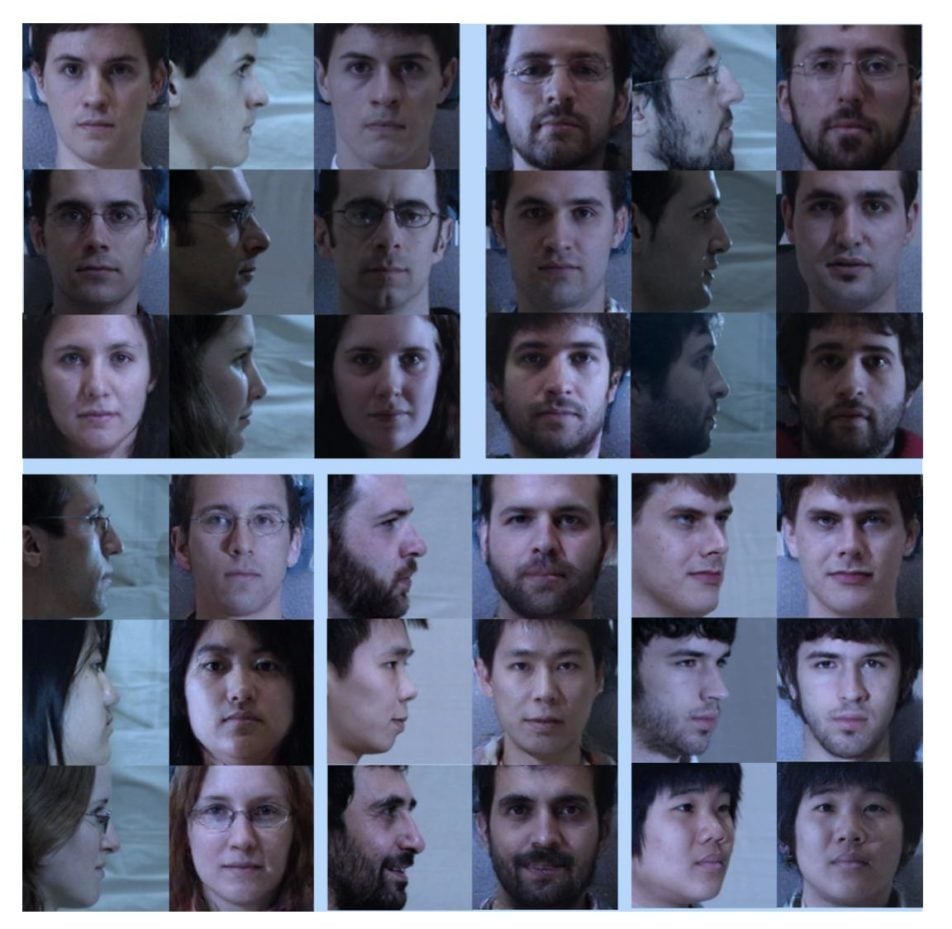Figure 12. Frontal view synthesis where the upper half shows the 90◦ profile image (middle) and its corresponding synthesized and ground truth frontal face. The lower half shows the synthesized frontal view faces from profiles of 90◦, 75◦ and 45◦ respectively.