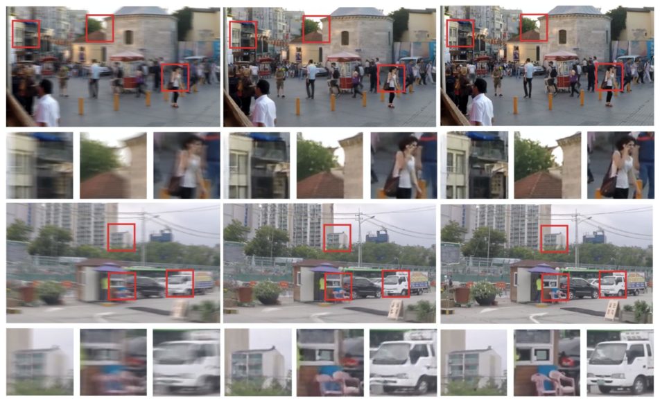 Figure 20. GoPro images processed by DeblurGAN. Blurred – left, DeblurGAN – center, Ground Truth Sharp – right taken from the paper “DeblurGAN: Blind Motion Deblurring Using Conditional Adversarial Networks.”