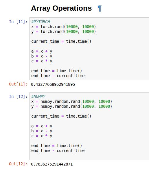 Speed test for basic array computations. PyTorch (Top) and NumPy (Bottom) -6