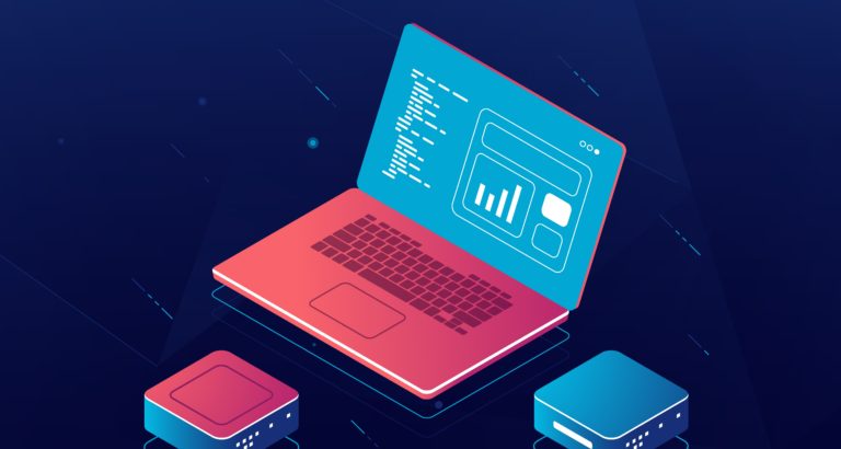 Soft development isometric vector, web design process, laptop with data, programming and code writing, dark neon