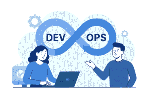 Developers collaborating in DevOps with AI integration, symbolizing teamwork and automation
